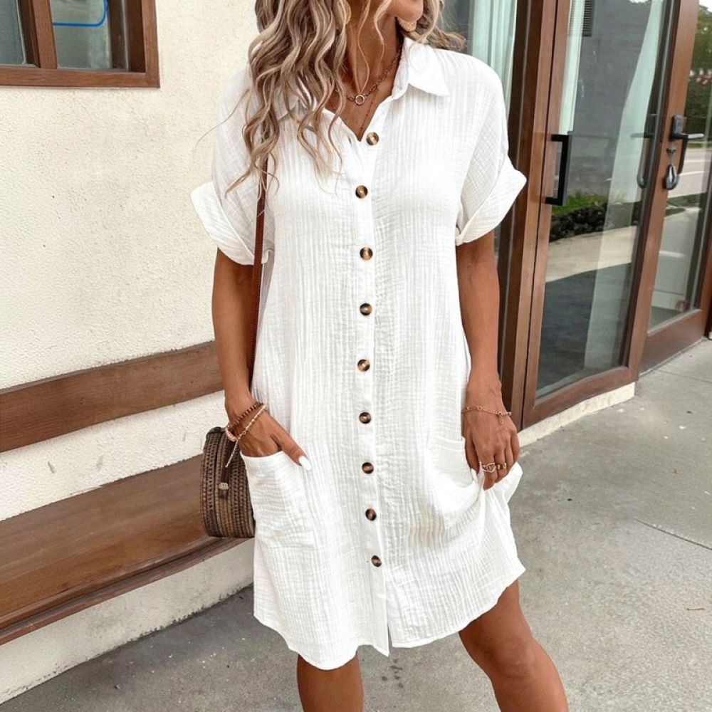 ชุดเดรสเชิ้ตคอวีผู้หญิง แขนสั้ - Casual Loose Linen Shirt Dress บทวิจารณ์และราคา
