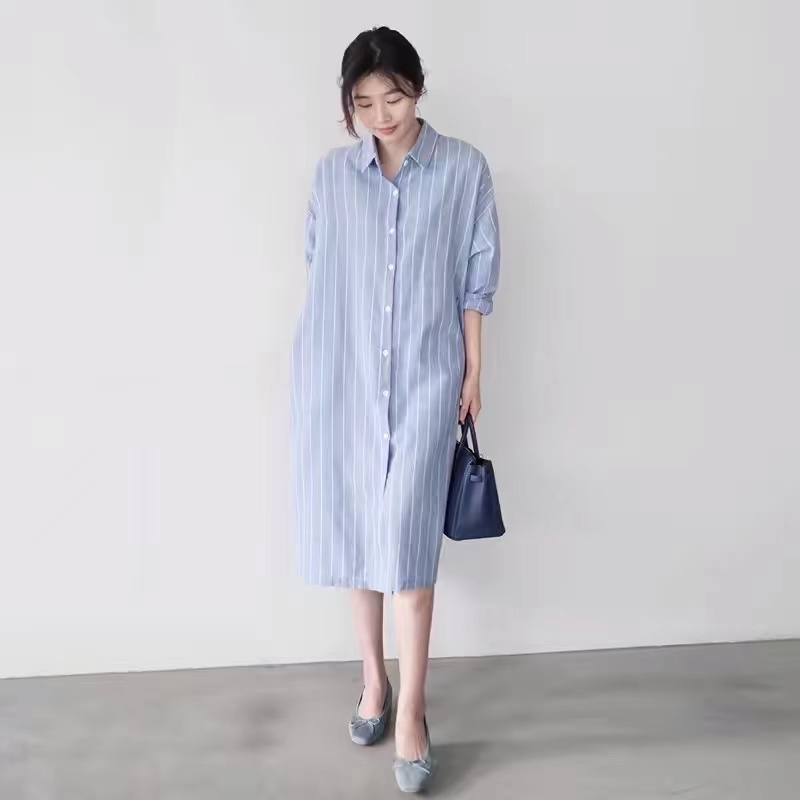เดรสเชิ้ตแขนยาวลายทางสีน้ำเงิน - Korean Style A Line Shirt Dress บทวิจารณ์และราคา
