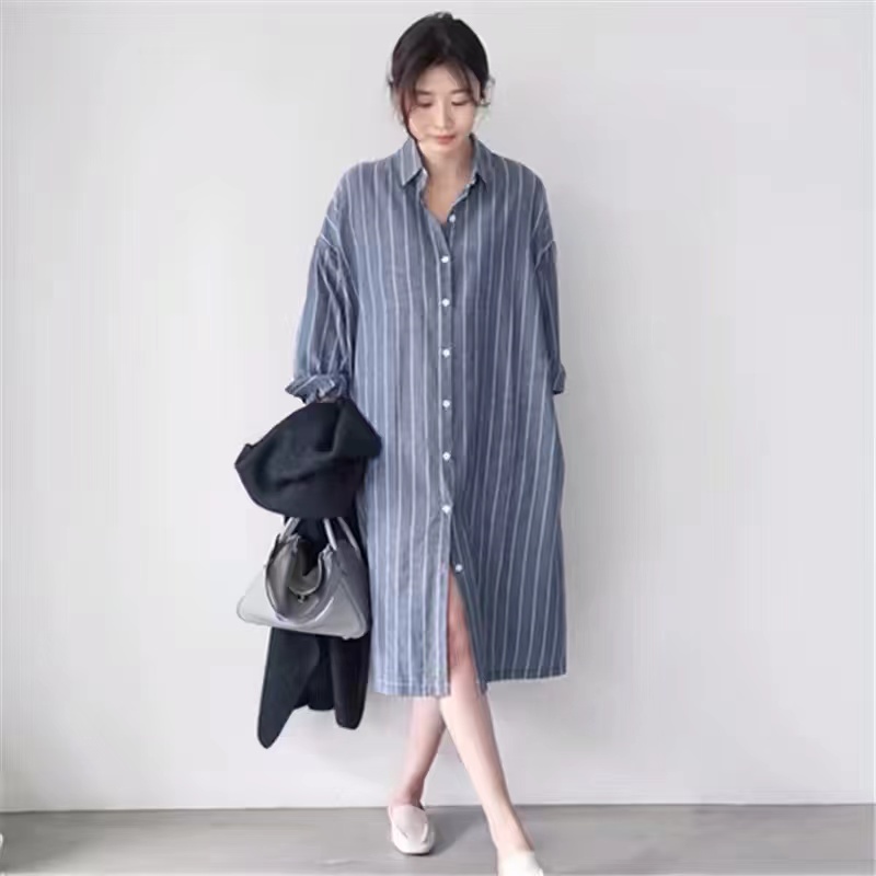 เดรสเชิ้ตแขนยาวลายทางสีน้ำเงิน - Korean Style A Line Shirt Dress บทวิจารณ์และราคา
