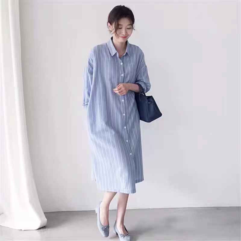 เดรสเชิ้ตแขนยาวลายทางสีน้ำเงิน - Korean Style A Line Shirt Dress บทวิจารณ์และราคา