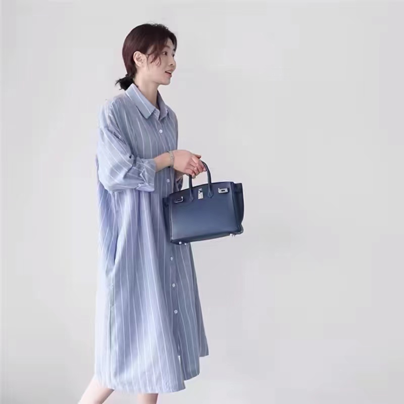เดรสเชิ้ตแขนยาวลายทางสีน้ำเงิน - Korean Style A Line Shirt Dress บทวิจารณ์และราคา