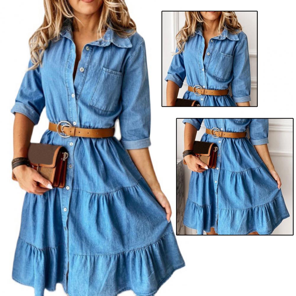 เดรสยีนส์แขนสามส่วนพร้อมเข็มขั - French Vintage Floral Midi Dress บทวิจารณ์และราคา