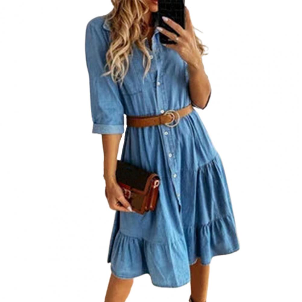 เดรสยีนส์แขนสามส่วนพร้อมเข็มขั - French Vintage Floral Midi Dress บทวิจารณ์และราคา