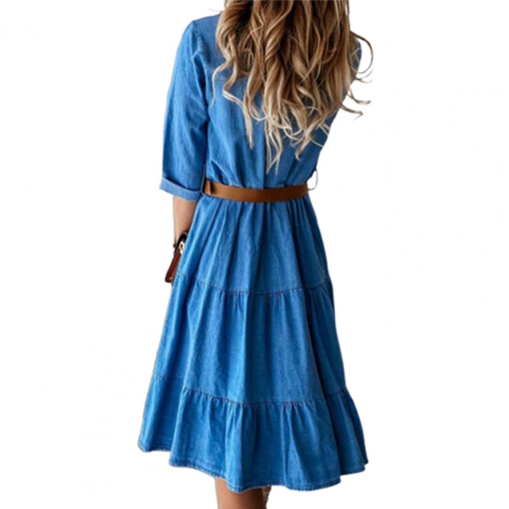 เดรสยีนส์แขนสามส่วนพร้อมเข็มขั - French Vintage Floral Midi Dress บทวิจารณ์และราคา