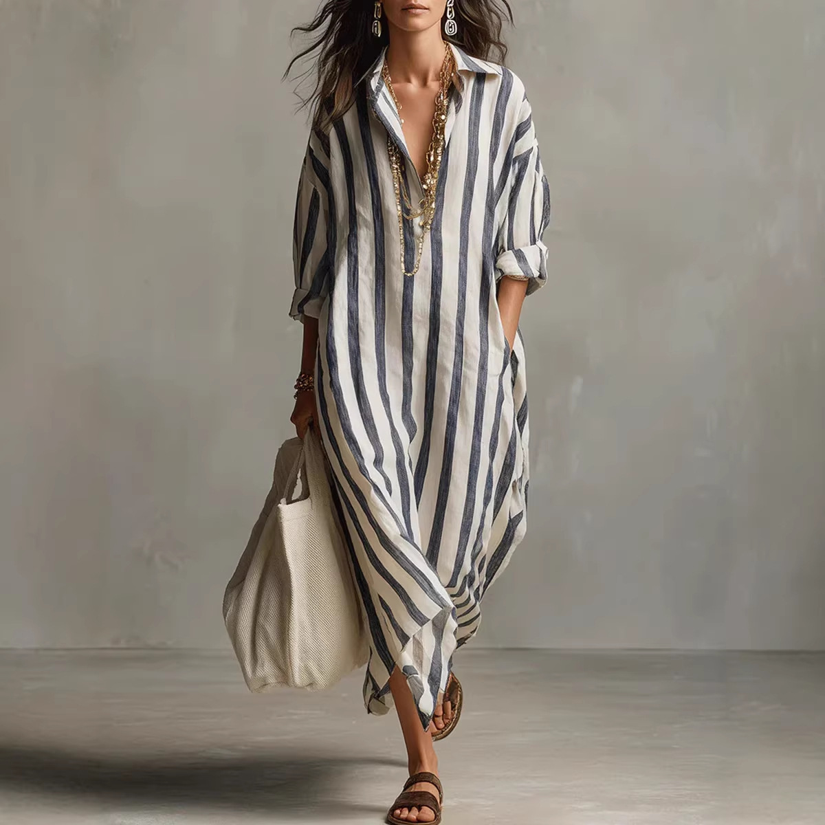 เดรสเชิ้ตผ้าลินินลายทาง คอปกพั - Casual Loose Linen Shirt Dress บทวิจารณ์และราคา
