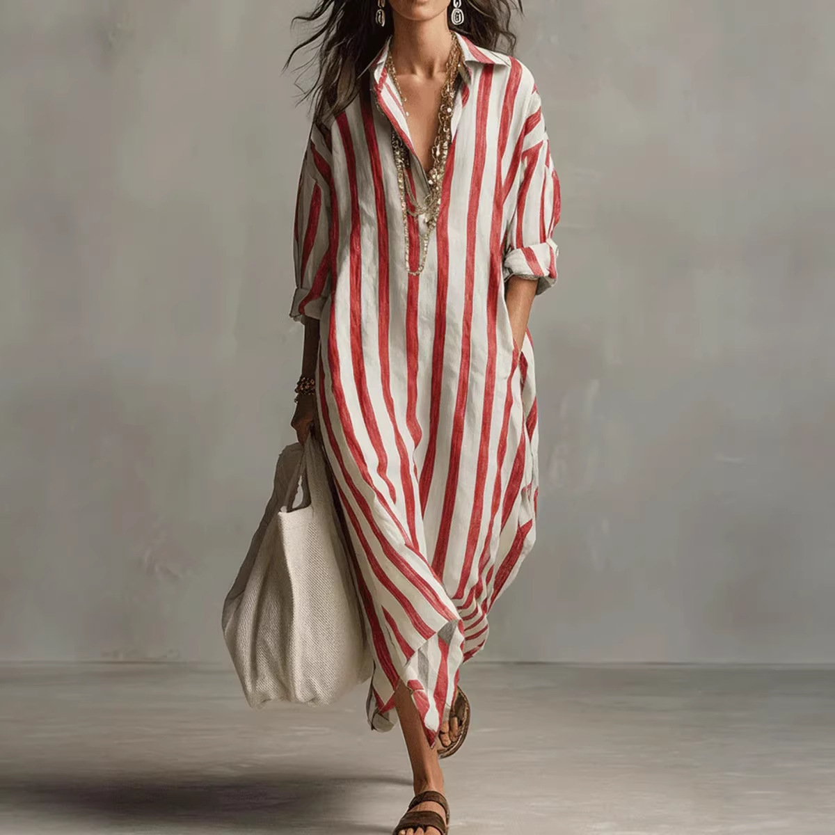 เดรสเชิ้ตผ้าลินินลายทาง คอปกพั - Casual Loose Linen Shirt Dress บทวิจารณ์และราคา